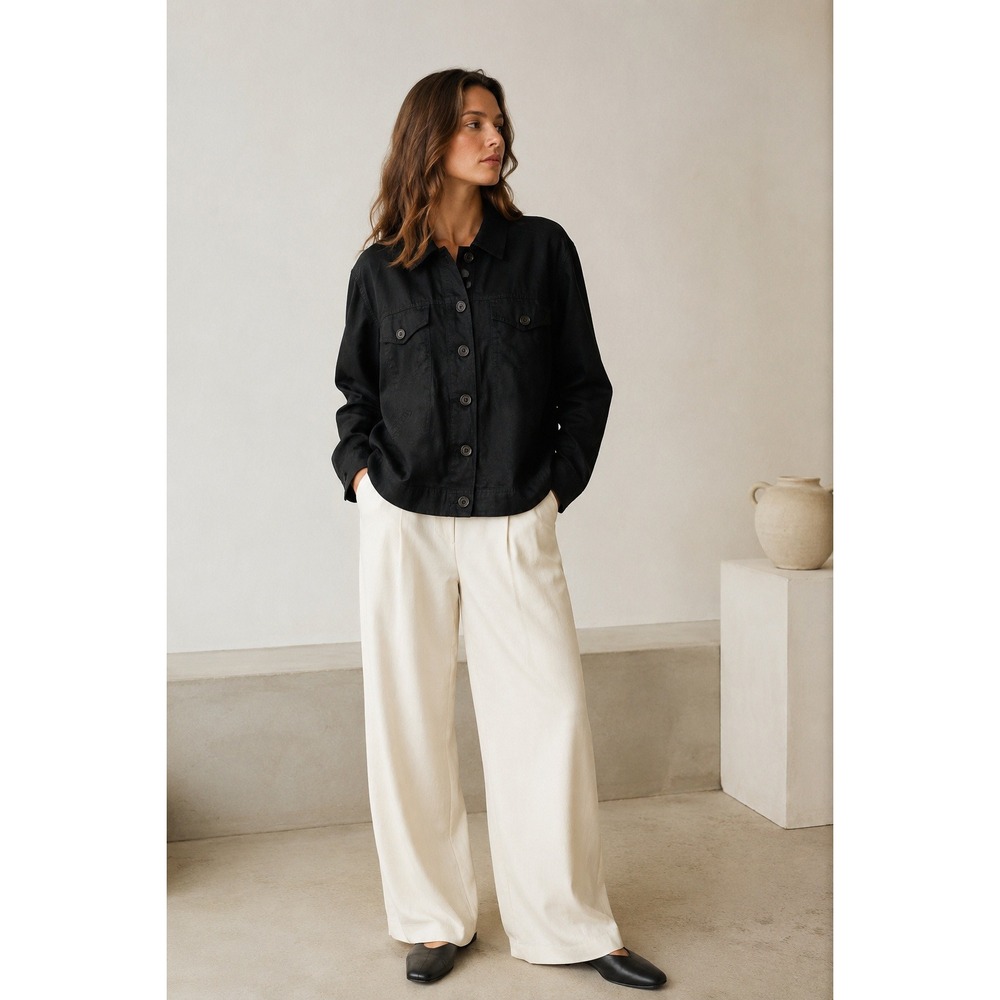 Linden Hill Linen Shirt Jacket Womens L Black Lagenlook Capsule Coastal Layer